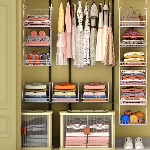 6 Tier Closet Hanging Organizer, Clothes Hanging Shelves with 4 Hanging Hooks 5 S Hooks, Wire Storage Basket Bins, for Clothing Sweaters Shoes Handbags Clutches Accessories Patent - view 4