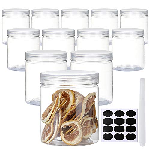 16 OZ Plastic Jars with Lids, 12 Pack Clear Plastic Slime Containers for Kitchen and Household Food Storage of Dry Goods, Creams and More,Included Extra Label and A Pen