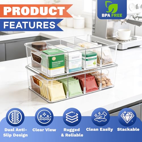Stackable 4-Compartment Pantry Organizers and Storage, Clear Plastic Storage Bins with Removable Dividers Suitable for Pantry, Office, Kitchen, Cabinet & Fridge Organization, 2-Pack - view 5