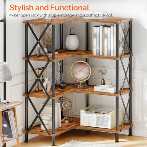 Corner Bookshelf, 4-Tier L-Shaped Bookcase, Industrial Open Display Shelf Tall Storage Organizer, Vertical Storage Rack, for Living Room, Home Office, Rustic Brown and Black BF59SJ01 - view 3