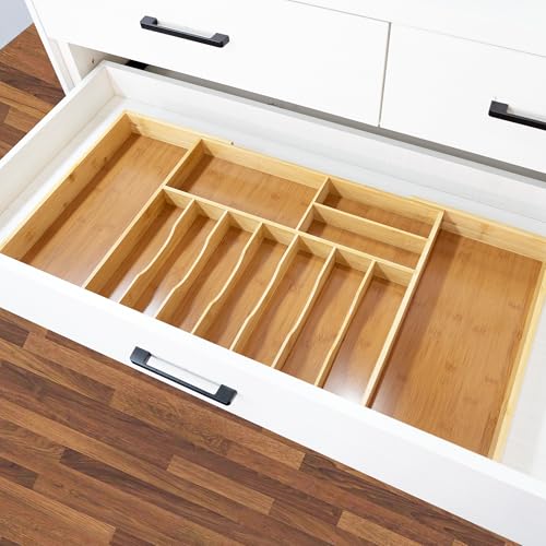 Extra Large Kitchen Utensil Holder, Bamboo Silverware Drawer Organizer, Expandable Cutlery Organizer with Knife Block, Multifunctional Drawer Divider (10-12 compartments) - view 5