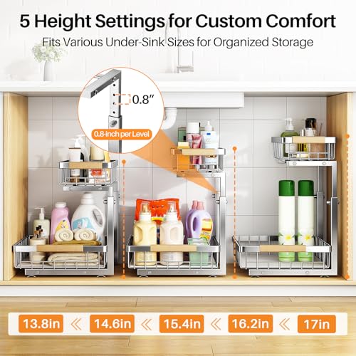 Under Sink Organizer, Adjustable Height, 2 Tier Pull Out Cabinet Organizer, Slide Out Thickened Metal Storage for Kitchen Bathroom Laundry Pantry Cabinet, Stainless Steel, Silver, Large-2-Pack - view 5