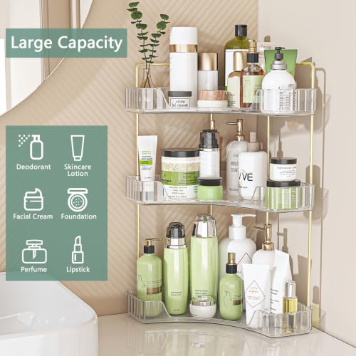3-Tier Corner Bathroom Counter Organizer, Gold Metal Frame, Clear - view 2