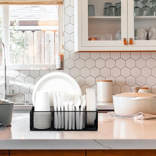 Paper Plate Organizer for Countertop, Metal Silverware Caddy for Cup, Napkin, Fork, Spoon, Paper Plate and Utensil Holder, Cutlery Caddy for Party, Camping, Picnic (Black) - view 6