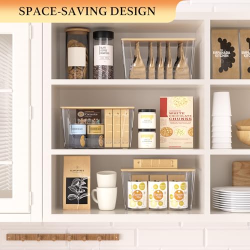6 Pack Clear Stackable Storage Bins with Bamboo Lids, Trash Bag Holder Dispenser Under Sink Organizer for 4-13 Gal Bags, Plastic Storage Containers for Pantry Bathroom Kitchen Organization - view 5