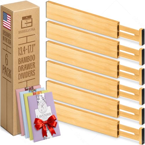 Drawer Dividers 2.3" Tall, 13.4-17.1" Adjustable, Bamboo, 6 Pack