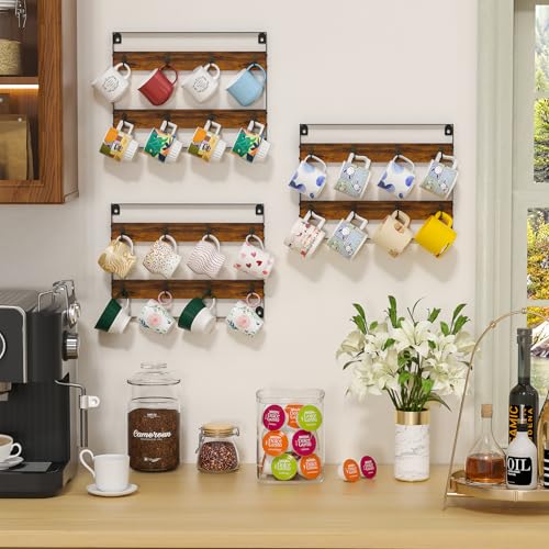 Rustic Wood Coffee Mug Rack - Wall Mount Cup Holder Shelf Storage for Kitchen, Home, Bar, Office (4 Pack, Holds 32 Mugs) - view 6