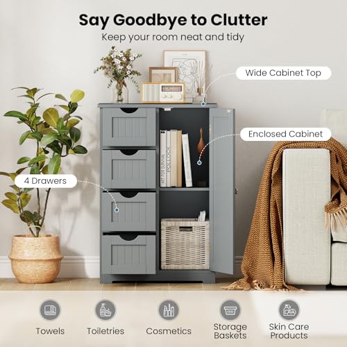 Bathroom Cabinet, Freestanding Storage Cabinet with 1 Door & 4 Drawers, 3-Level Adjustable Shelf, Anti-toppling System, Modern Storage Organizer for Bathroom, Living Room, Kitchen (Gray) - view 4