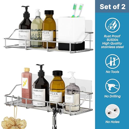 Adhesive Shower Caddy, Shower Shelf Organizer, SUS304, 2 Pack, Silver - view 4