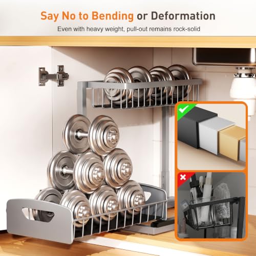 Under Kitchen Sink Organizer, Metal Pull Out Bathroom Organizers and Storage, 2-Tier Cabinet Organizer Shelf with Sliding Drawer, Home Organization for Kitchen, Laundry, Pantry, Light Grey, 2 pack - view 7