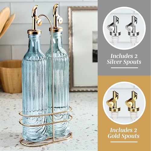 Glass Olive Oil Bottle Dispenser - 2 Pack- 17oz Oil and Vinegar Cruet - Olive Oil Carafe Decanter for Kitchen, Elegant Fluted, Blue - view 4