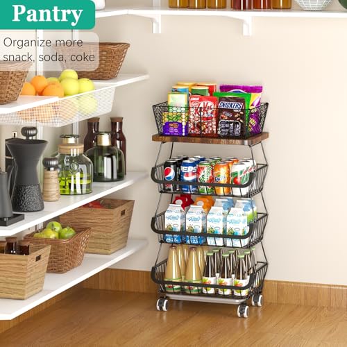 Fruit Basket with Wooden Lid for Kitchen, 4-Tier Stackable Wire Fruit Vegetable Storage Basket Organizer Stand on Wheel, Produce Basket Potato Onion Storage Bins Rack Cart for Pantry - view 4
