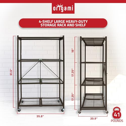 4-Tier Folding Shelf, Storage Organizer Shelves w/Wheels for Home & Office, Brown - view 3