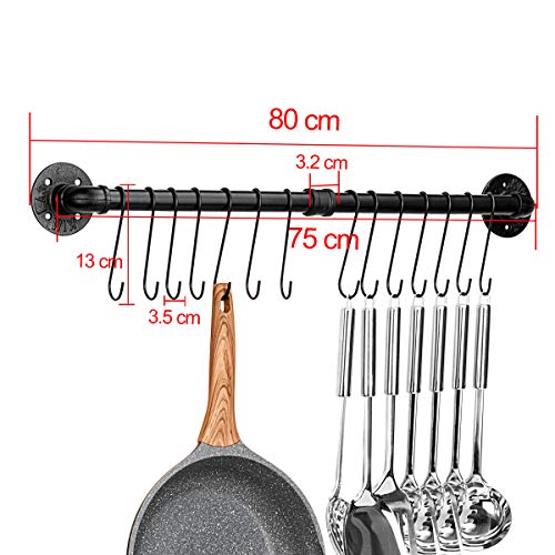 31.5 inch Pot Rack, Kitchen Wall Mounted Detachable Pan Lid Utensils Organizer Hanging Rail with 14 Hooks, Black - view 2