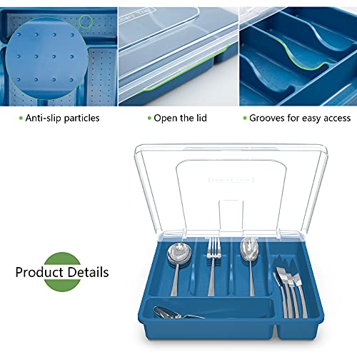 𝐅𝐥𝐚𝐭𝐰𝐚𝐫𝐞 𝐎𝐫𝐠𝐚𝐧𝐳𝐢𝐞𝐫 𝐰𝐢𝐭𝐡 𝐋𝐢𝐝, Plastic Silverware Tray for Drawer, 5 Compartments Utensil Holder for Countertop, Navy Blue - view 3