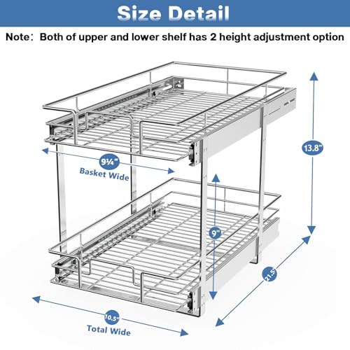 2 Tier Individual Pull Out Cabinet Organizer 10½" W x 21½" D, Slide Out Kitchen Cabinet Storage Sliding Shelves - view 3