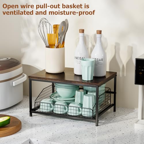 Pull Out Spice Rack Organizer for Cabinet,Rustic Wood Top with Wire Basket Storage,Kitchen Countertop Organizer and Storage for Pantry, Counter top,Coffee Station Wood. (Brown) - view 2