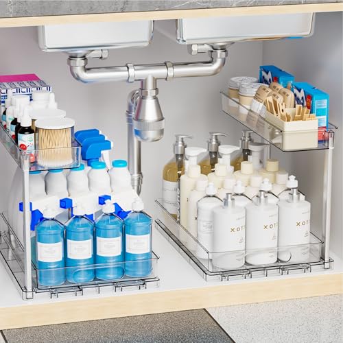 2 Pack 14.6″ Deep Pull Out Under Sink Organizer,10.8″ High 2 Tier Slide Out Cabinet Organizer for Kitchen Cabinet,Undersink Organizers,Under Sink Shelves,Bathroom Organizers and Storage,Clear