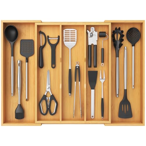 Bamboo Kitchen Drawer Organizer, Cooking Utensil Silverware Tray