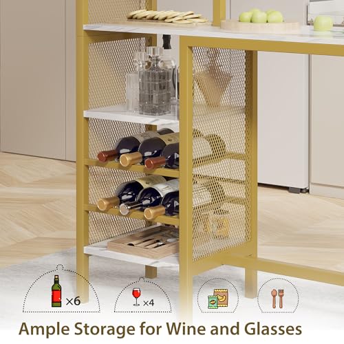 Bar Table and Chairs Set for 2, Tall Kitchen Counter Dining with Storage Shelves, Cup Holder & Wine Rack, PU Leather Cushion Stools - Small Space Solution, Gold - view 5