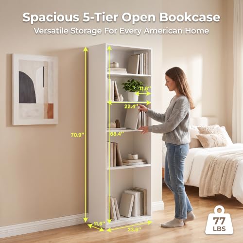 WannabeMyself【Easy Assembly】 Open Display 5-Tier Bookshelf,Storage Organizer,Bookcase for Living Room, Bedroom, Home Office,70.9×11.6×23.6,White - view 2