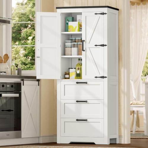 Storage Cabinet, Pantry Cabinet with 1 Adjustable Shelve & 3 Drawers, Kitchen Pantry Cabinet with 2 Doors, Bathroom Storage Cabinets, Tall Cabinet for Living Room, White - view 2