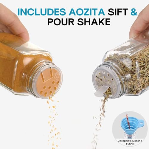 14 Pcs Glass Spice Jars with Black lids - 4oz Empty Square Spice Bottles and Spice Labels - Black Shaker Lids and Airtight Metal Caps - Silicone Collapsible Funnel Included - view 4