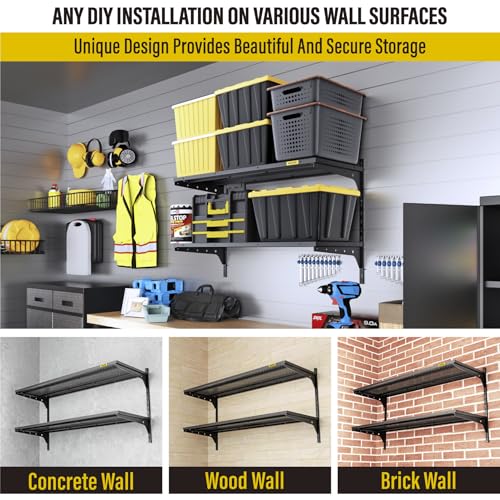 1pack×2 Tier 1.3x3ft Garage Shelving Wall Mounted, 400 lbs Load Capacity,15.6x36inch per Shelf Height Cassette Adjustable Floating Shelves, Black - view 7