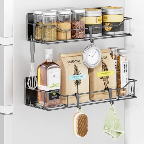 Magnetic Spice Rack for Refrigerator, 2 Pack Strong Magnet Spice Organizer Shelves with Hooks, Magnetic Fridge Shelf for Kitchen Organization and Storage, Seasoning Organizer Gadgets (Black)