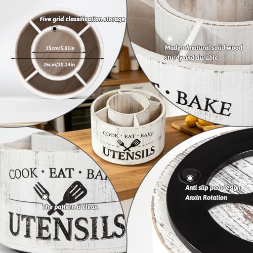 Rotating Utensil Holder for Kitchen Countertop, 360° Lazy Susan Wooden Utensil Organizer with 5 Compartments, Solid Wood Cooking Tool Storage Rack, Farmhouse White Kitchen Decor for Spatulas, Spoons - view 3