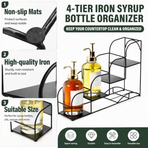 4-Tier Syrup Bottle Holder, Iron 4 Compartment Bottle Organizer Rack, 16" Countertop Display Storage Shelf Bottle Stand, Metal Coffee Bar Organizer for Dressing, Wine, Juice, Kitchen, Black - view 3