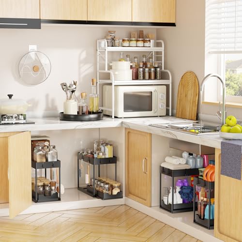 Under Sink Organizer 2 Pack, Sink Pull-Out Sliding Storage Cabinet, 2-Tier Under Shelf Organizer for Kitchen Bathroom, Black - view 6