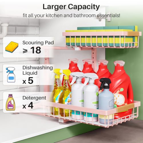 Under Sink Organizer, 2 Tier Under the Sink Storage, Slide out Pull out Cabinet Organizer Shelf, Metal Sliding Drawer for Kitchen Bathroom Pantry Closet Organization Rack, Pink, 2 Pack - view 5