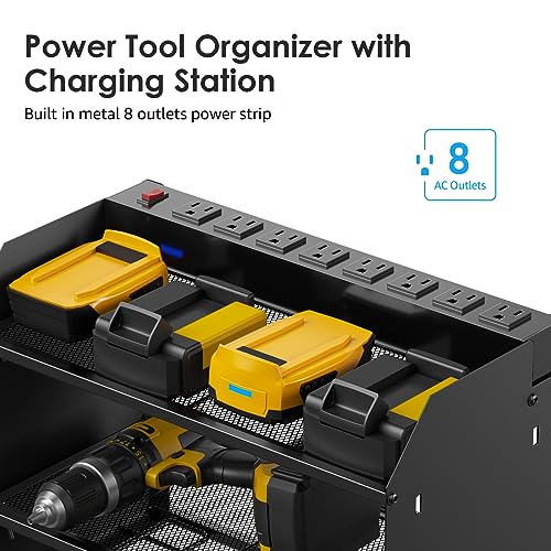 Modular Power Tool Organizer Wall Mount Charging Station, Black 6 Drills Holder with 8 Plug Power Strip, Garage Drill Battery Heavy Duty Metal Shelf, Utility Rack with Hooks, Side Storage. - view 2