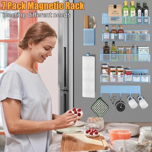 Magnetic Spice Rack for Refrigerator, 7 Pack Metal Magnetic Shelf Blue, Moveable Spice Organizer with Hook Rack, Paper Towel Holder, Kitchenware Holder, Strong Magnetic Storage Fridge Organizer - view 6