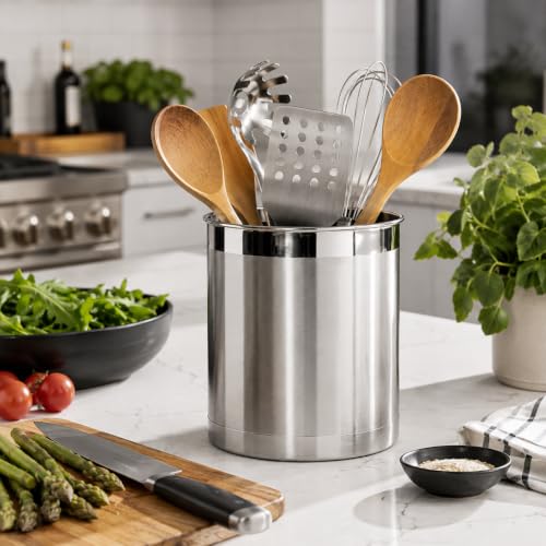 Stainless Steel Jumbo Utensil Holder - 7" Utensil Caddy, Weighted Base for Stability - Extra Large Utensil Crock and Countertop Utensil Organizer, Stainless Steel - view 6