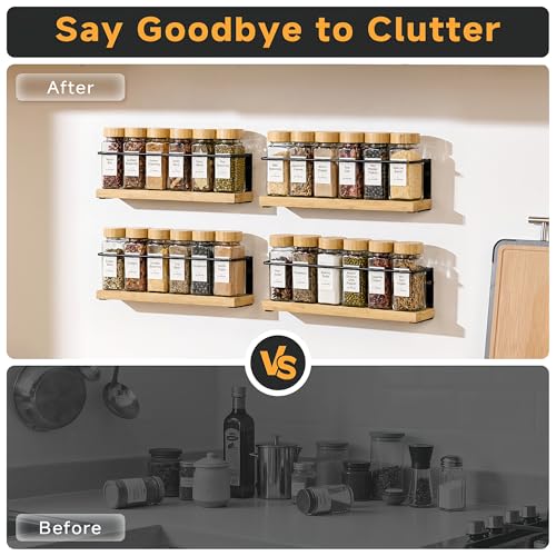 4-Tier Wall Mount Spice Rack Organizer with 24 Glass Jars, 216 Labels & Funnel - Screw/Adhesive Mount, Black Metal & Bamboo Spice Storage for Kitchen Pantry Cabinet, 11.6”W x 2.4”D x 3.2”H - view 7