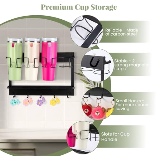 Water Bottle Organizer Holder, Magnetic Cup Rack Storage for Stanley & Large Tumbler, Space Saving Wall Mount Bottle Organizer with 5 Hook, Easy to Install, Black - view 2