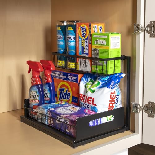 Under Sink Organizers Around Pipe - 1-Pack Slide Out Storage Bins, 2-Tier Large Capacity, Heavy Duty Metal Frame Holds 50 lbs, Removable for Kitchen, Bathroom, Vanity, Laundry, KN0057-2Pack