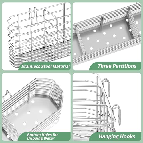 304 Stainless Steel Utensil Holder, Dish Drying Rack, Kitchen Utensil Organizer, Knife and Fork Drainage Rack, Kitchen Drainage Basket Accessories, with Hooks, Rust Proof - view 7