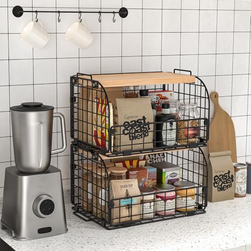 2 Set Stackable Wire Basket with Openable Top, Kitchen Counter, Pantry Organizer and Storage Produce Onion Potato Fruits Vegs Bread Food Snack Spice Organizing Bin for Cabinet Shelf Countertop Floor - view 2