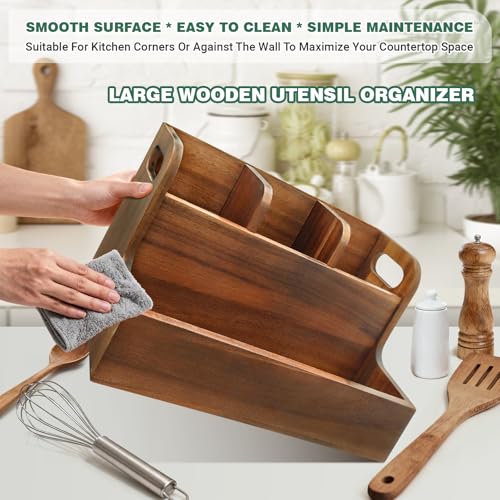 Kitchen Utensil Holder for Countertop with 4 Compartments Acacia Large Utensil Holder Wooden Storage for Cooking,Baking,Flatware Tool Kitchen Utensil Organizer - view 5
