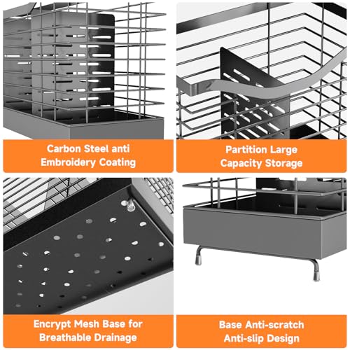 Extra Large Kitchen Utensil Holder Exquisite And Durable Kitchen Utensil Organizer，Knife Fork Spatula Utensils Drainage Rack Basket Accessories With Hooks, Rust Proof，Non-Slip Feet（4compartments） - view 3