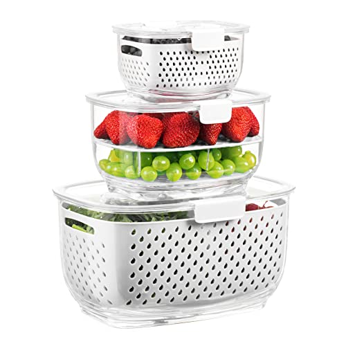 Fresh Produce Vegetable Fruit Storage Containers 3Piece Set, BPA-free, Partitioned Salad Container, Fridge Organizers, Used in Storing Fruits Vegetables, White