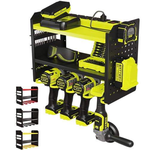Power Tool Organizer Wall Mount – 3-Tier Heavy-Duty Steel Rack, 4 Drill Slots, Pegboard + Utility Side, 100 lb Capacity – Garage, Workshop & Shed Storage (Green)