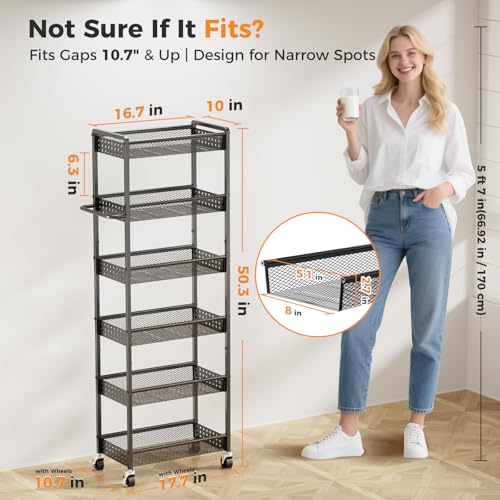 6 Tier Slim Storage Cart with Wheels, 10" D Rolling Storage Cart for Small Space, Metal Narrow Spice Cabinet Mobile Shelving Unit Organizer with Handle for Kitchen, Laundry - Black - view 2