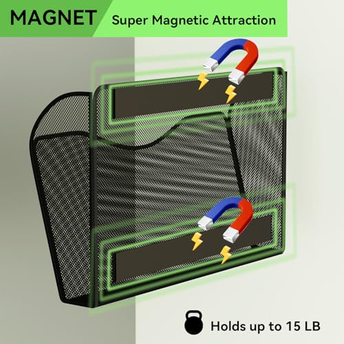 Magnetic File Holder - Heavy Duty Wall File Organizer for Refrigerator & Whiteboard - Strong Magnet Mail Holder & Magazine Rack, No Drilling Document Storage Basket for Office Cabinet - view 3