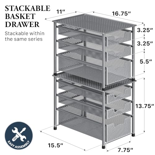 Stackable 3 Tier Sliding Basket Organizer Drawer, Silver - view 2