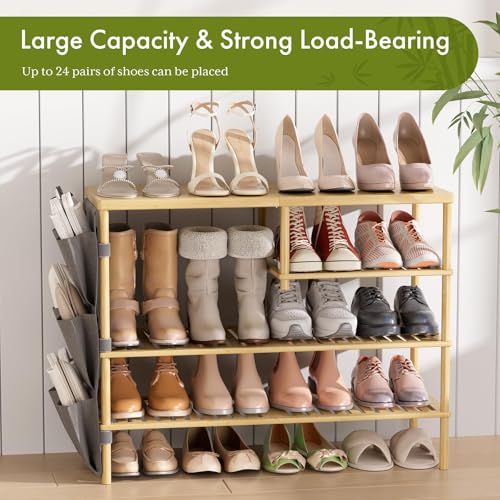 Bamboo Shoe Rack, 4 Tiers Shoe Organizer for Closet, Shoes Storage for 20-24 Pairs, Freestanding Shoe Shelf with Removable Pocket for Entryway Bedroom Front Door Dorm - view 4