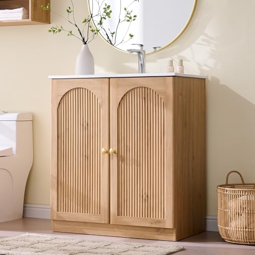 30 Inch Arched Bathroom Vanity with Sink, Fluted Design, Natural Oak